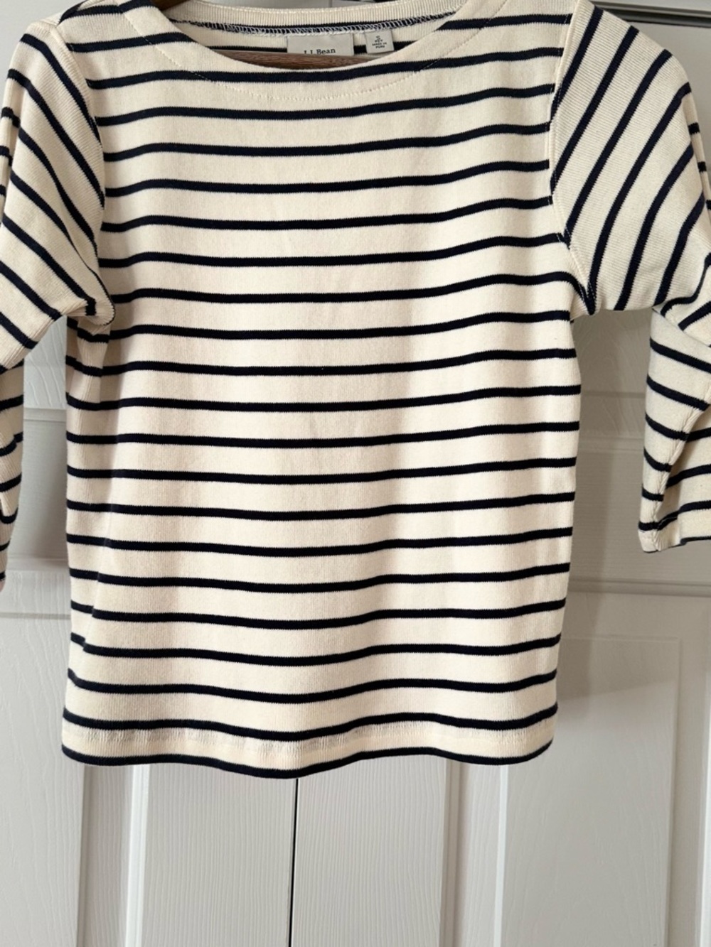 L.L. Bean Women's Cream and Navy Striped Crew Neck Sweater